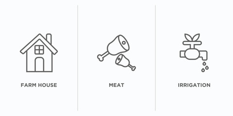 agriculture farming outline icons set. thin line icons such as farm house, meat, irrigation vector. linear icon sheet can be used web and mobile
