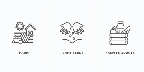 agriculture farming outline icons set. thin line icons such as farm, plant seeds, farm products vector. linear icon sheet can be used web and mobile