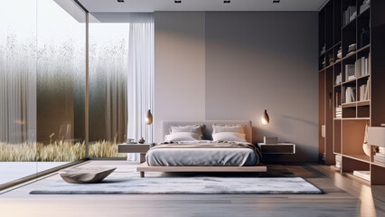 A sleek and minimalistic bedroom with floor-to-ceiling glass windows that frame a serene garden view, accentuated by a stylish bookcase wall: photorealistic illustration, Generative AI