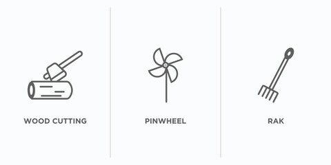 farming outline icons set. thin line icons such as wood cutting, pinwheel, rak vector. linear icon sheet can be used web and mobile