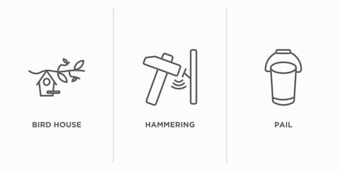 farming outline icons set. thin line icons such as bird house, hammering, pail vector. linear icon sheet can be used web and mobile