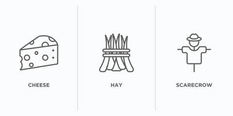agriculture farming outline icons set. thin line icons such as cheese, hay, scarecrow vector. linear icon sheet can be used web and mobile