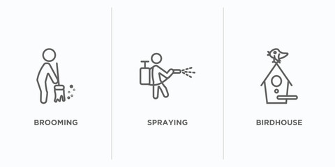 farming outline icons set. thin line icons such as brooming, spraying, birdhouse vector. linear icon sheet can be used web and mobile