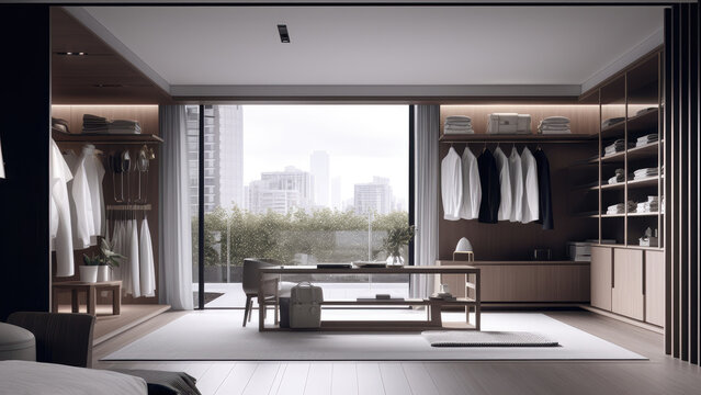 A modern walk-in closet with a floor-to-ceiling window offering a stunning city view, adorned with minimalistic furniture: photorealistic illustration, Generative AI