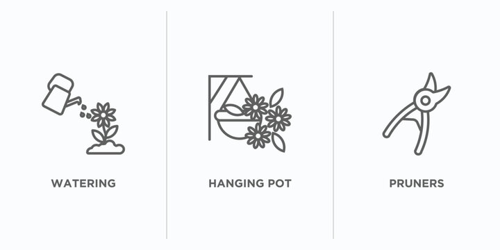 agriculture farming outline icons set. thin line icons such as watering, hanging pot, pruners vector. linear icon sheet can be used web and mobile