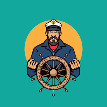 Captain ship with steering wheel vector illustration