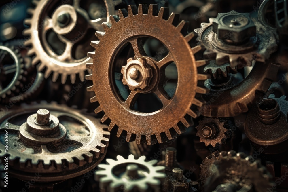 Poster close-up view of a complex gear system. generative ai