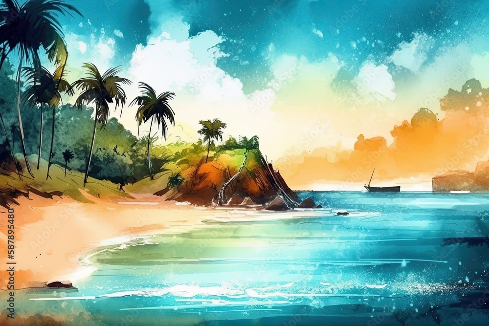 Canvas Prints tropical beach with swaying palm trees. Generative AI