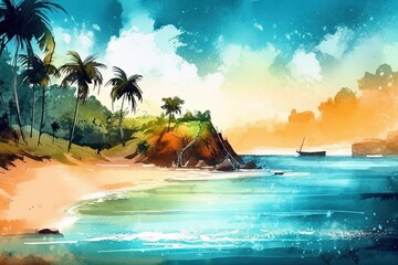 Obraz na płótnie Canvas tropical beach with swaying palm trees. Generative AI