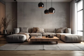 modern living room with a comfortable couch and a stylish coffee table. Generative AI