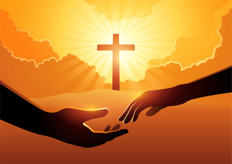Couple hands reaching to one another on a cross on a hill background