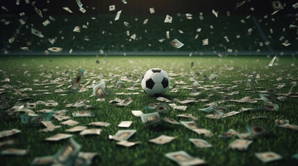 Banknotes falling on the soccer field Generated AI