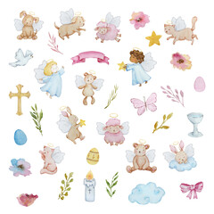 Watercolor easter set baby angels for spring design - obrazy, fototapety, plakaty