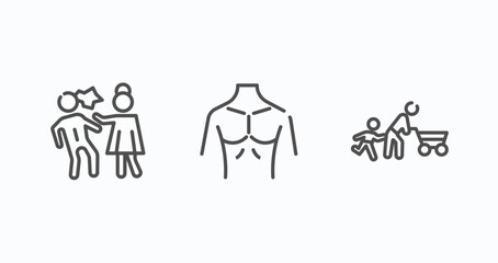 Fototapeta na wymiar set of 3 thin line icons in people concept. outline icons including slap thin line, torso thin line, father and son shopping vector. can be used web and mobile.