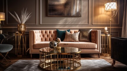 This image depicts a stylish living room designed in the Art Deco style, featuring a bold and glamorous design.