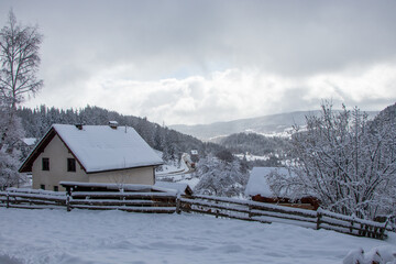 Winter view of Zlatar, Serbia. Cold winter morning. Lawn and forests.