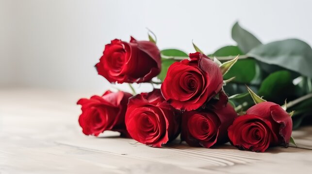 This is a closeup photograph of a beautiful bouquet of red roses wrapped in paper. The vibrant red color of the roses stands out against the neutral background, making for a striking and romantic imag
