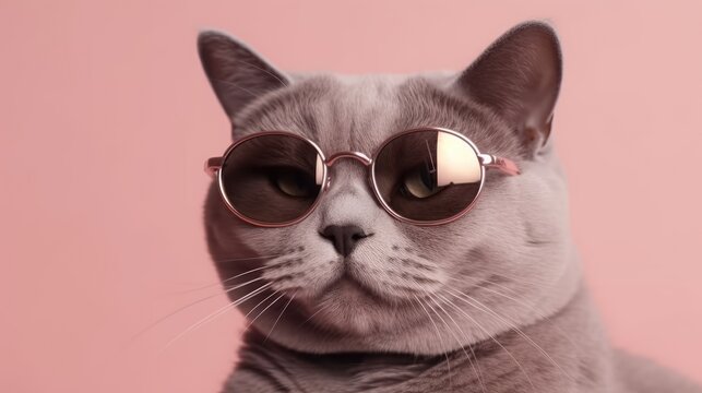 This closeup portrait captures the playful personality of a British Shorthair cat wearing sunglasses.