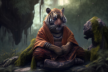Fototapeta na wymiar llustration of relaxed tiger in kung fu master yoga clothes sitting in meditate on forest . AI