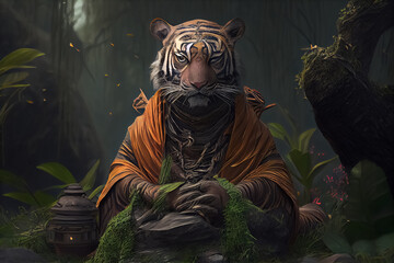 llustration of relaxed tiger in kung fu master yoga clothes sitting in meditate on forest . AI - obrazy, fototapety, plakaty