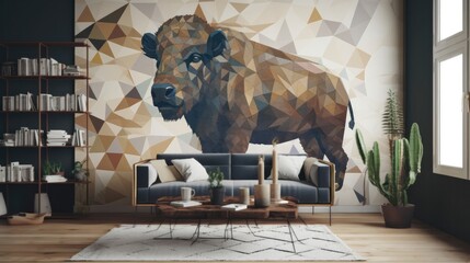 Living Living Room With Full Wall Geometric Buffalo Interior Design. Generative AI