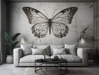 White Living Room Wall With Geometric Style Butterfly Interior Design. Generative AI