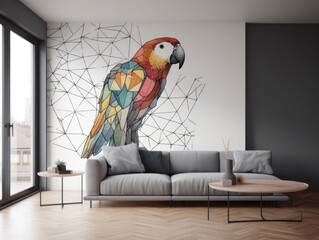 White Living Room Wall With Geometric Style Parrot Interior Design. Generative AI
