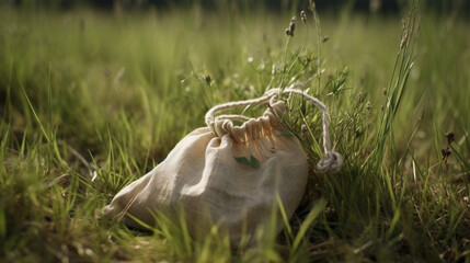 Obraz premium Ecological bag in grass Generated AI