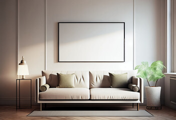 illustration of stylish modern white living room with cozy sofa and empty frame on wall. AI