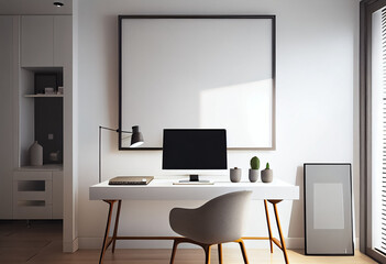 illustration of comfortable office chair near table with modern computer empty space poster white frame on wall. AI