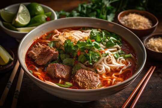 Delicious and Spicy Bun Bo Hue Noodle Soup