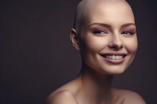 A woman with a bald head smiles for the camera. AI generation