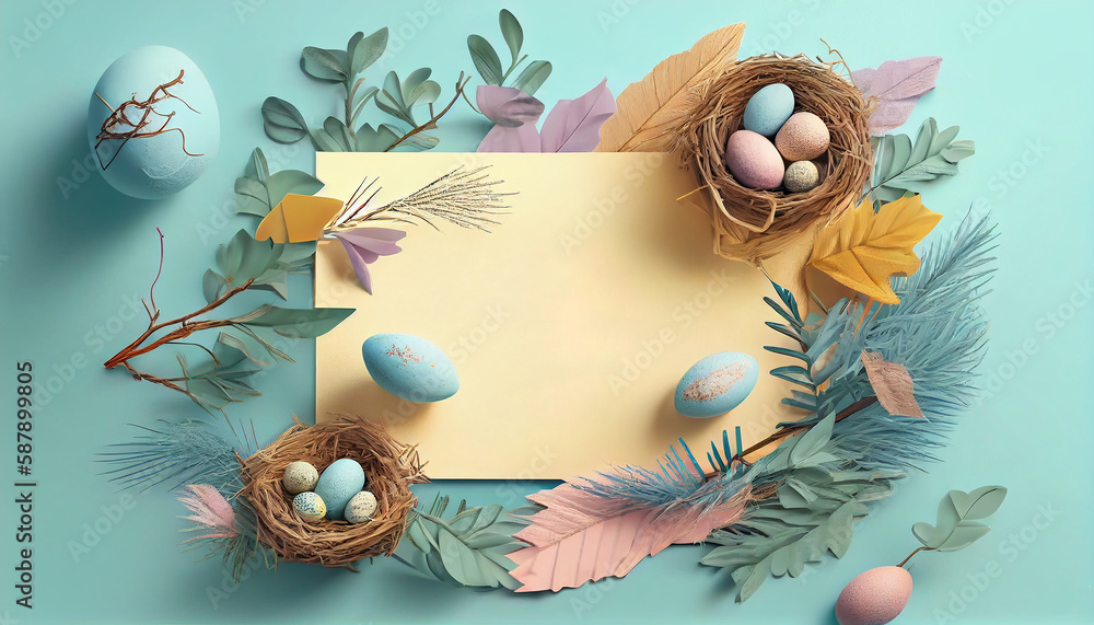 Poster happy easter day concept. top view easter eggs isolated on white background with copy space for text