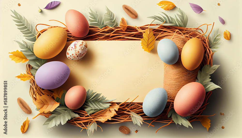 Poster happy easter day concept. top view easter eggs isolated on white background with copy space for text