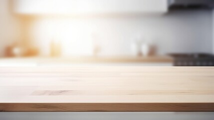 Generative AI. Empty wooden counter top in a kitchen with a blurry background