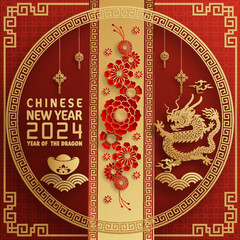 Happy chinese new year 2024 year of the chinese dragon zodiac with on color Background. ( Translation : happy new year, chinese dragon )