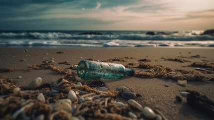 Fototapeta na wymiar Garbage in the sea with plastic bottle on beach sandy dirty sea on the island Generated AI