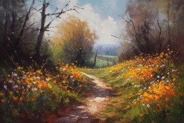 Fototapeta premium scenic dirt road surrounded by a colorful array of wildflowers. Generative AI