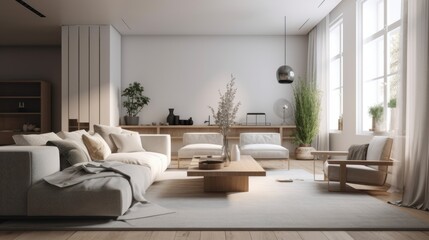 Fototapeta na wymiar This stunning living room features a modern industrial design, with a focus on metal and concrete elements. The room is spacious and well-lit, with plenty of natural light streaming in through the lar