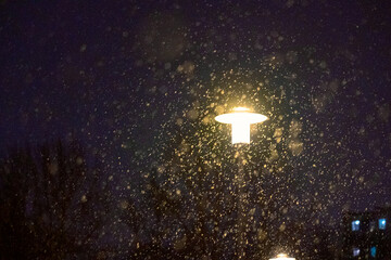 Lantern at night in heavy snowfall, snow against a lantern in at night