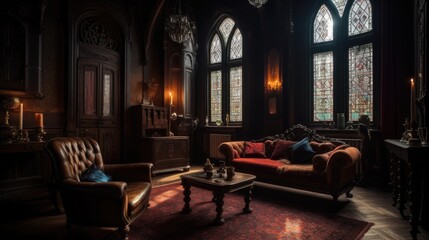 Fototapeta na wymiar This image showcases a stunning living room with a Gothic-inspired design. The room features vintage furniture, including a grand wooden bookcase, a vintage armchair, and an antique lamp