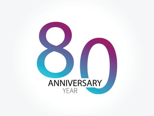 80th anniversary blue color vector design for birthday celebration, isolated on white background.