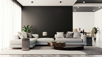 Large luxury modern bright interiors Living room mockup illustration 3D rendering computer digitally generated image