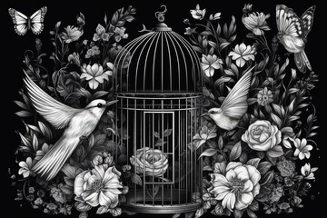 bird in a decorative cage with a garden of flowers and butterflies. Generative AI
