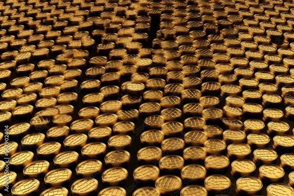 Poster pile of shiny gold coins stacked on top of each other. Generative AI