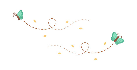 Flying Butterfly trail with dashed line route set. Nature Spring Summer Doodle Illustration Design Element © Aletheia Shade