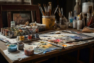 An artists table with pots of paint and paint brushes, with paint drips on paper on the table