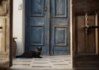 black cat in front of an old blue door. AI generated.