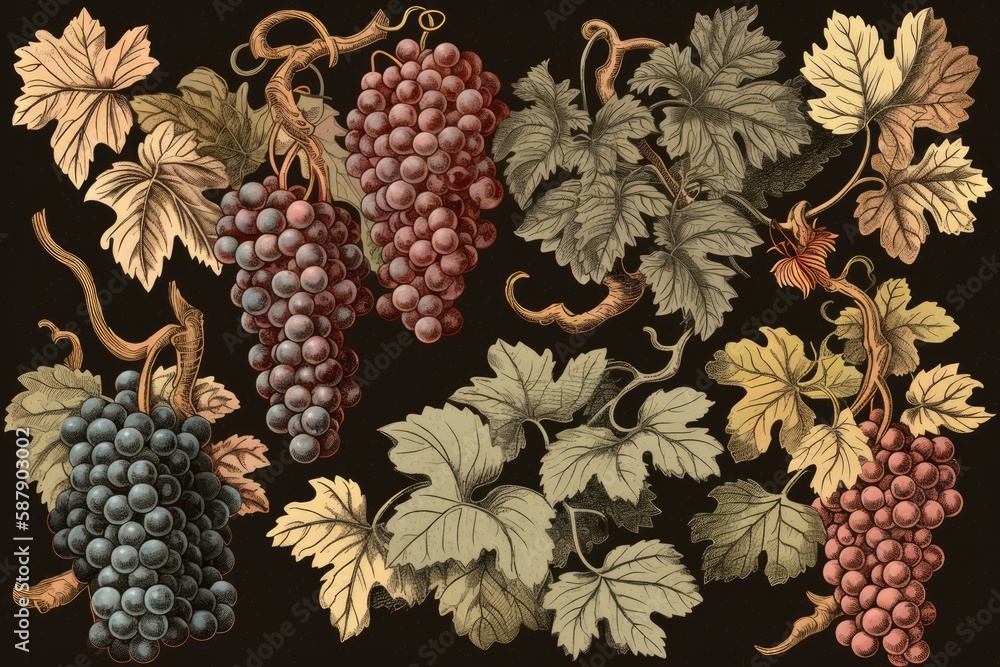 Poster cluster of ripe grapes hanging from a vine in a vineyard. generative ai