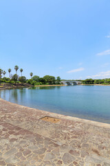 沖縄の南国イメージ「池と架け橋のある公園」